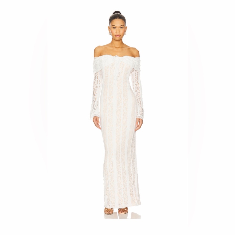 Annabelle Off-Shoulder White Lace Long Sleeve Maxi Dress